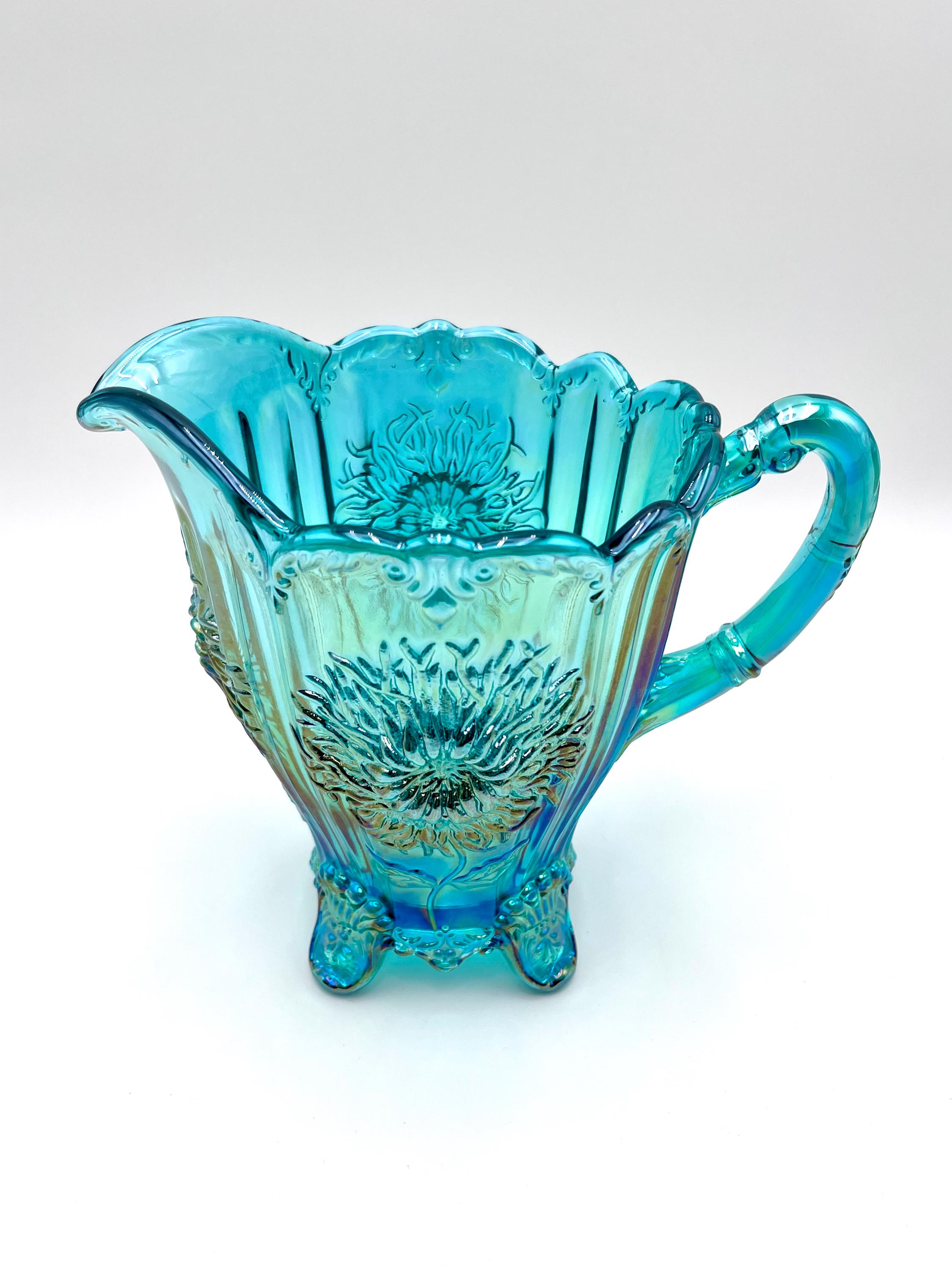 Dahlia Pitcher Teal Carnival by Mosser Glass 8