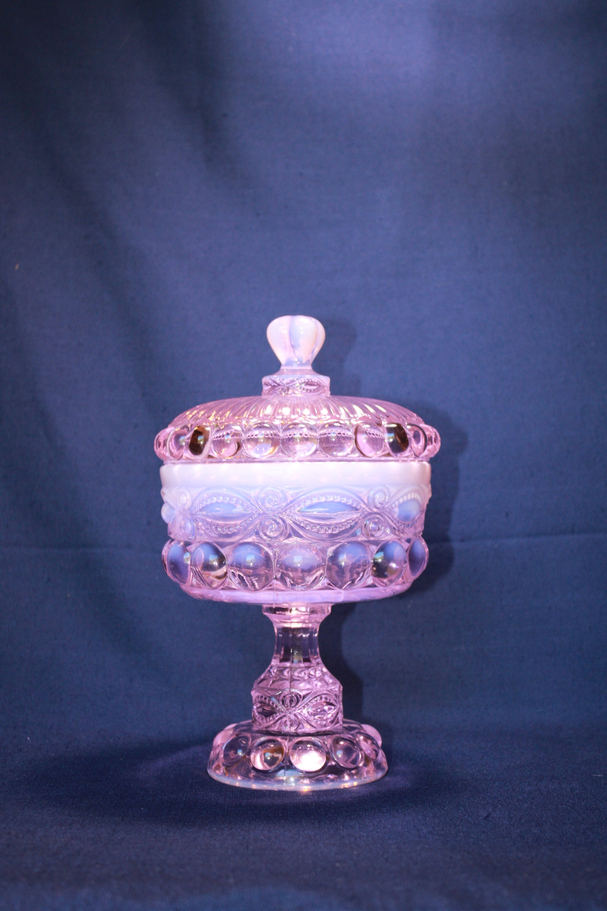 Mosser Glass Eye Winker Covered Candy Dish in Pink Opal, 10 1/4