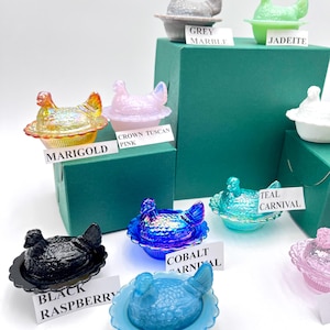 Mosser Miniature Hen Salt Cellars with FREE SHIPPING Your CHOICE of 16 Colors, Covered Mini Hen on Nest by Mosser Glass Company