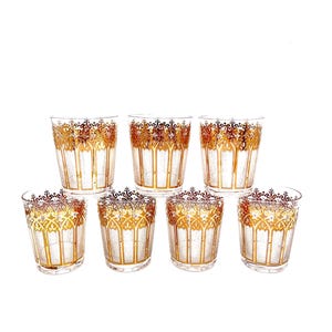Washington Pasinski 22 Kt Gold Old Fashion Set of 7 Rock Glasses 4 3/8&quot; High, Holds 14 oz To The Rim