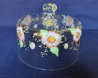 Mosser Hand Painted Glass Cake Dome Fits 9" Cake Plate Lavender Pansy 6 7/8" high Add Black, Pink, Purple, Grey White or Jadeite Cake Stand