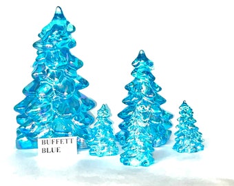 Mosser Glass Trees Blue Carnival Set of 5 Trees, 1 Large, 1 Medium and 3 Small Tree Collection Pressed Glass Pine Tree