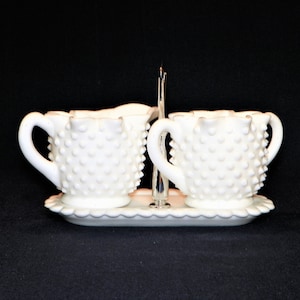 Fenton Hobnail Milk Glass Creamer and Sugar with Matching Tray, MINT CONDITION