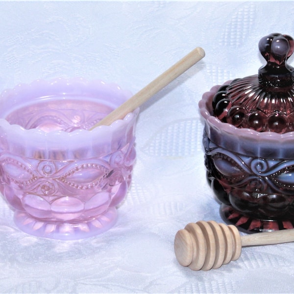 Mosser Glass Eye Winkler Covered Honey Pot or Sugar Bowl in Your Choice of Colors Pink or Plum Purple Opal