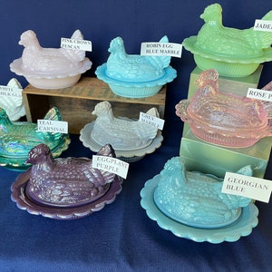 Covered Hen Candy Dish, Your CHOICE of 14 Colors 4 high, 6 5/8 long and 5 1/2 wide made by Mosser Glass Company image 7