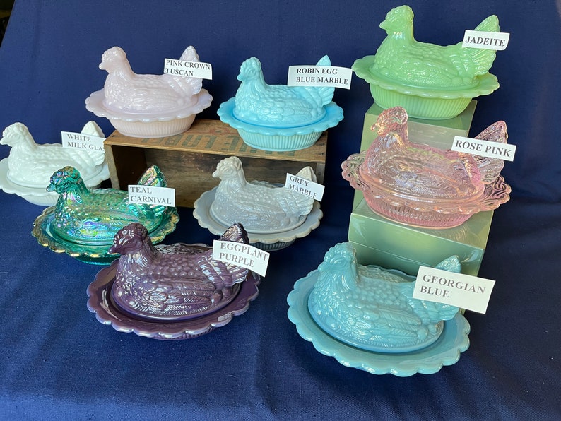 Covered Hen Candy Dish, Your CHOICE of 14 Colors 4 high, 6 5/8 long and 5 1/2 wide made by Mosser Glass Company image 7