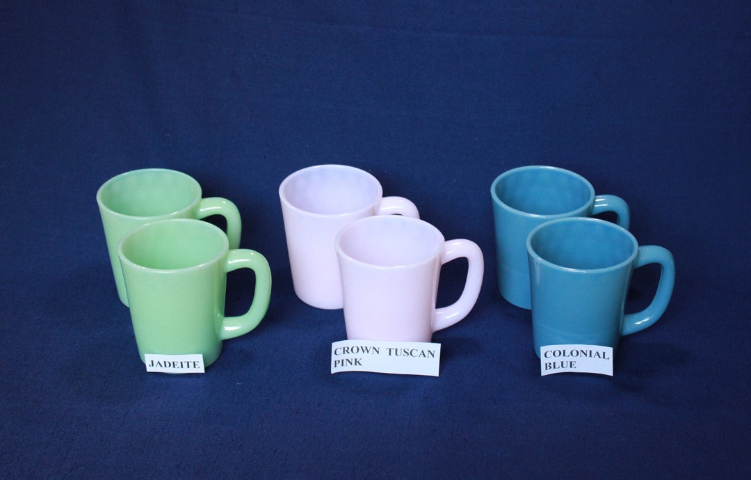 Jadeite Mugs, Pink or Blue Set of 2 Mugs by Mosser Glass, Optic Dot 9