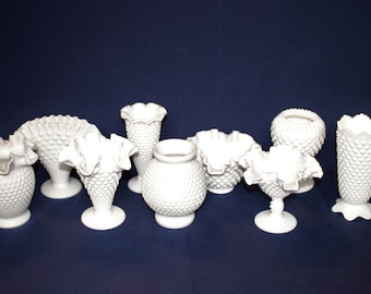 Fenton Milk Glass Hobnail Vases, Medium Size YOUR CHOICE of Styles, Art Glass, Milk Glass Vase, Ball Vase, Crown Vase,