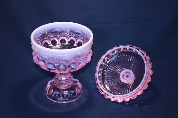 Mosser Glass Eye Winker Covered Candy Dish in Pink Opal, 10 1/4
