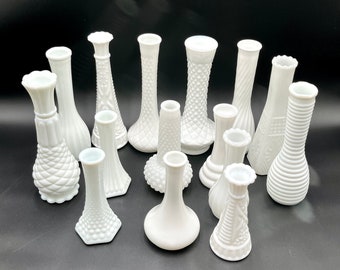 White Milk Glass Vases 15 All Different Styled Vases FREE SHIPPING Range from 5 3/4 to 9 Inches High, One of each Style, Lot #6