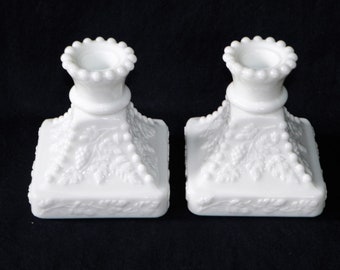Westmoreland Grape Milk Glass Candlestick Holders, Set of two 4" High by 3 3/4" Wide Grape Panel Glass Taper Holders