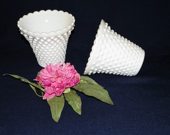 Fenton Hobnail Milk Glass Planters, Set of 2 4" High by 5 3/4" Wide Flared Planters (5 Planters Available)
