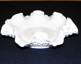 Fenton White Hobnail Milk Glass 7 7/8 Inch Double Crimped Compote, Candy, Relish, Dips, Cranberry Sauce, Nut Bowl