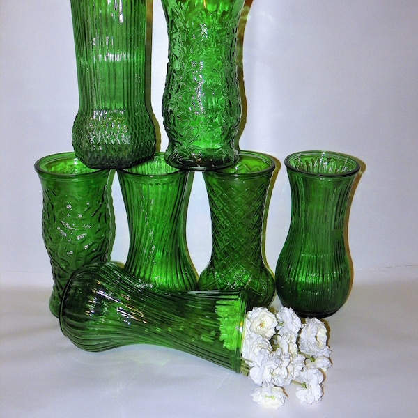Emerald Green Large Vases, Choice of Style, 10" High Bouquet Vases In Emerald or Forest Green, Diamond, Swirl, Hoosier, Fern