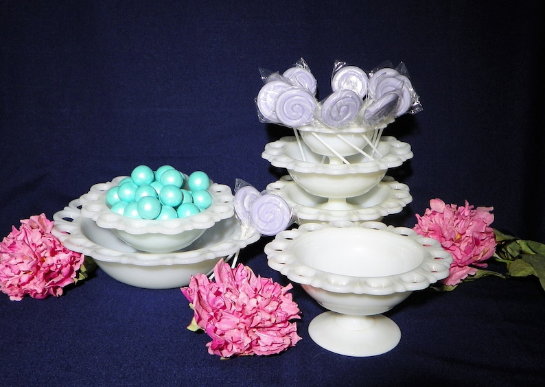 Open Lace Milk Glass Bowls or Footed Bowls Relishes Nuts Dips Centerpieces Rose Bowls Chocolates YOUR CHOICE of Pieces