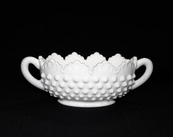 Fenton Hobnail Milk Glass Nut Bowl, Double Handled 7 Inch Scalloped Oval Nut Bowl