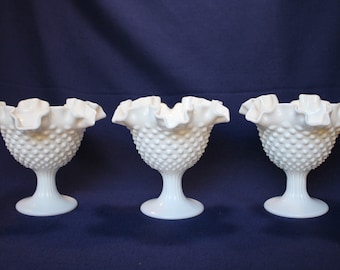 Fenton Hobnail Milk Glass Footed Bowl, Set of 3 Comports, 6 1/2 Inch Wide Double Crimped Compote, Candy, Relish, Dips, Cocktail Sauce