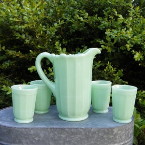 Jadeite Panel Pitcher with Your Choice of 10 or 12 Tumblers by Mosser Glass