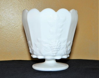 Westmoreland Milk Glass Planter 4 7/8" High Cupped Jardiniere Paneled Grape, Footed Planter, Flower Pot or Spooner