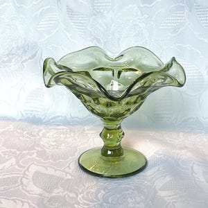 Fenton Colonial Thumbprint Olive Green Candy Dish, 6" Wide by 4 3/4" High Footed BonBon Bowl in Thumbprint Pattern