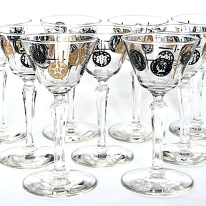Libbey Old Coin Pattern Set of 9 Glasses Cordial, Liquor, Cocktail Glasses with Black and Gold Coins