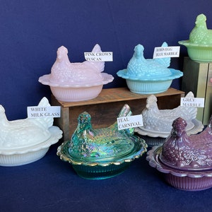 Covered Hen Candy Dish, Your CHOICE of 14 Colors 4 high, 6 5/8 long and 5 1/2 wide made by Mosser Glass Company image 4