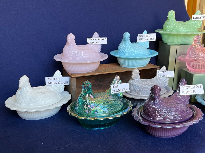 Covered Hen Candy Dish, Your CHOICE of 14 Colors 4 high, 6 5/8 long and 5 1/2 wide made by Mosser Glass Company image 4