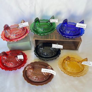 Covered Hen Candy Dish, Your CHOICE of 14 Colors 4 high, 6 5/8 long and 5 1/2 wide made by Mosser Glass Company image 10