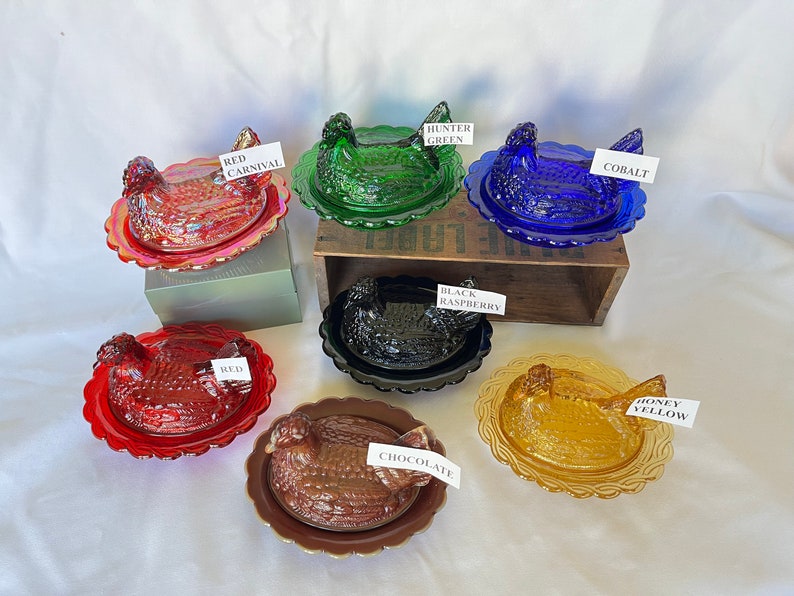 Covered Hen Candy Dish, Your CHOICE of 14 Colors 4 high, 6 5/8 long and 5 1/2 wide made by Mosser Glass Company image 10