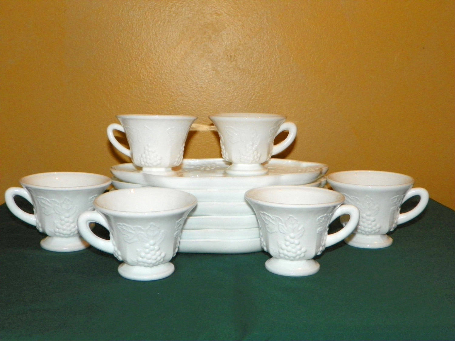Milk Glass Grape Panel Snack Set, 8 Sets, 16 Pieces, Vintage