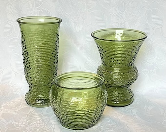 Soreno Planter and Vases in Olive Green Set of 3, Tallest Vase is 9 1/2" High Lot #7