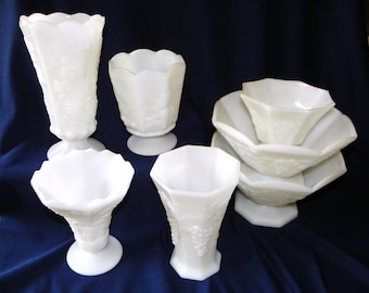 Grape Panel Milk Glass YOUR CHOICE of Style Large Vases, Bowls and Planters, Beautiful Wedding, Showers or Wine Party Centerpieces