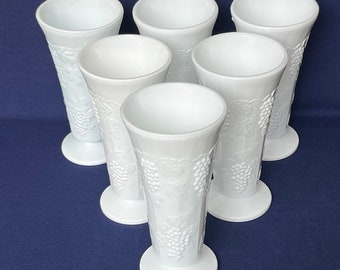 Grape Panel Milk Glass Vases, Set of 6 Matching 7 3/4 high by 3 7/8" wide Vases Beautiful Wedding, Showers or Wine Party Centerpieces
