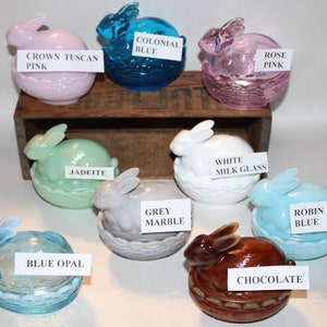 Mosser Bunny Covered Dish, Choice of Colors 3 3/4&quot; High 4&quot; Long Rabbit by Mosser Glass Jadeite, Milk Glass, Purple, Pink, Teal, Eggplant