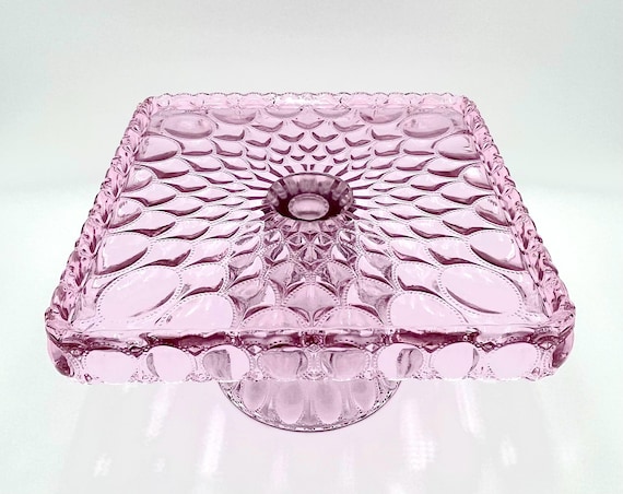 Mosser Pink Cake Stand or Cake Plate 10" Square Elizabeth Quilted Pedestal Cake Plate Wedding, Shower, Cupcakes