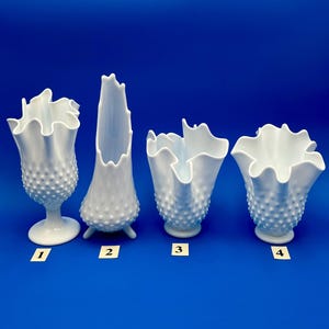 Fenton Hobnail Milk Glass Handkerchief Stretch or Swung Vase, YOUR CHOICE of Style, All in Mint Condition