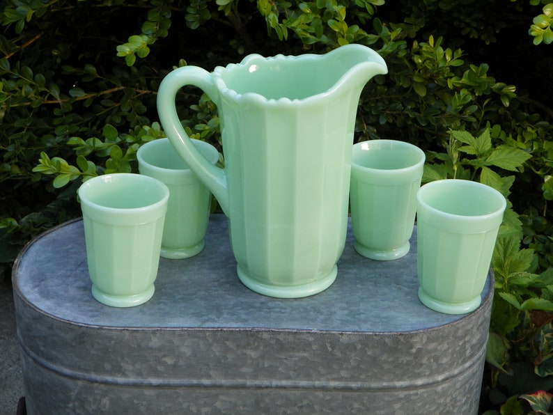 Jadeite Panel Pitcher with Tumblers