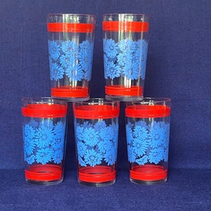 Swanky Blue and Red Flower Drinking Glasses, Set of 5 Tumblers 11 oz Drinking Glasses