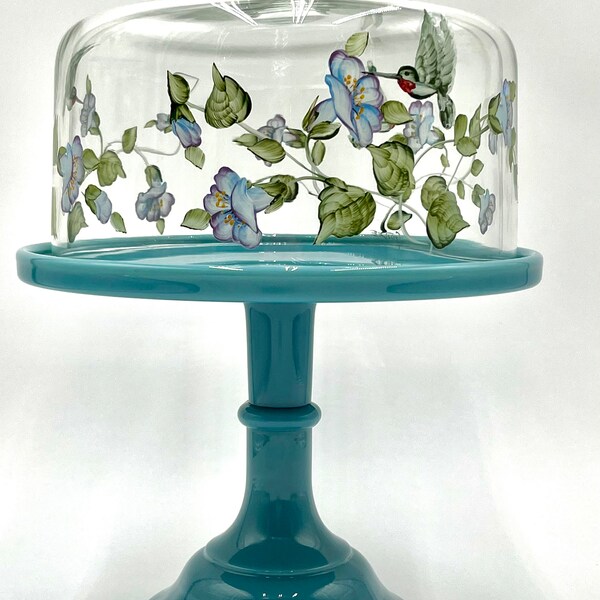 Mosser Hand Painted Glass Cake Dome Fits 9" Cake Plate Hummingbird Pansy 6 7/8" high Add a Georgian Blue Black White or Jadeite Cake Stand