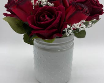 Red Roses Arrangement, Valentine’s Day Artificial Flowers in White Vase