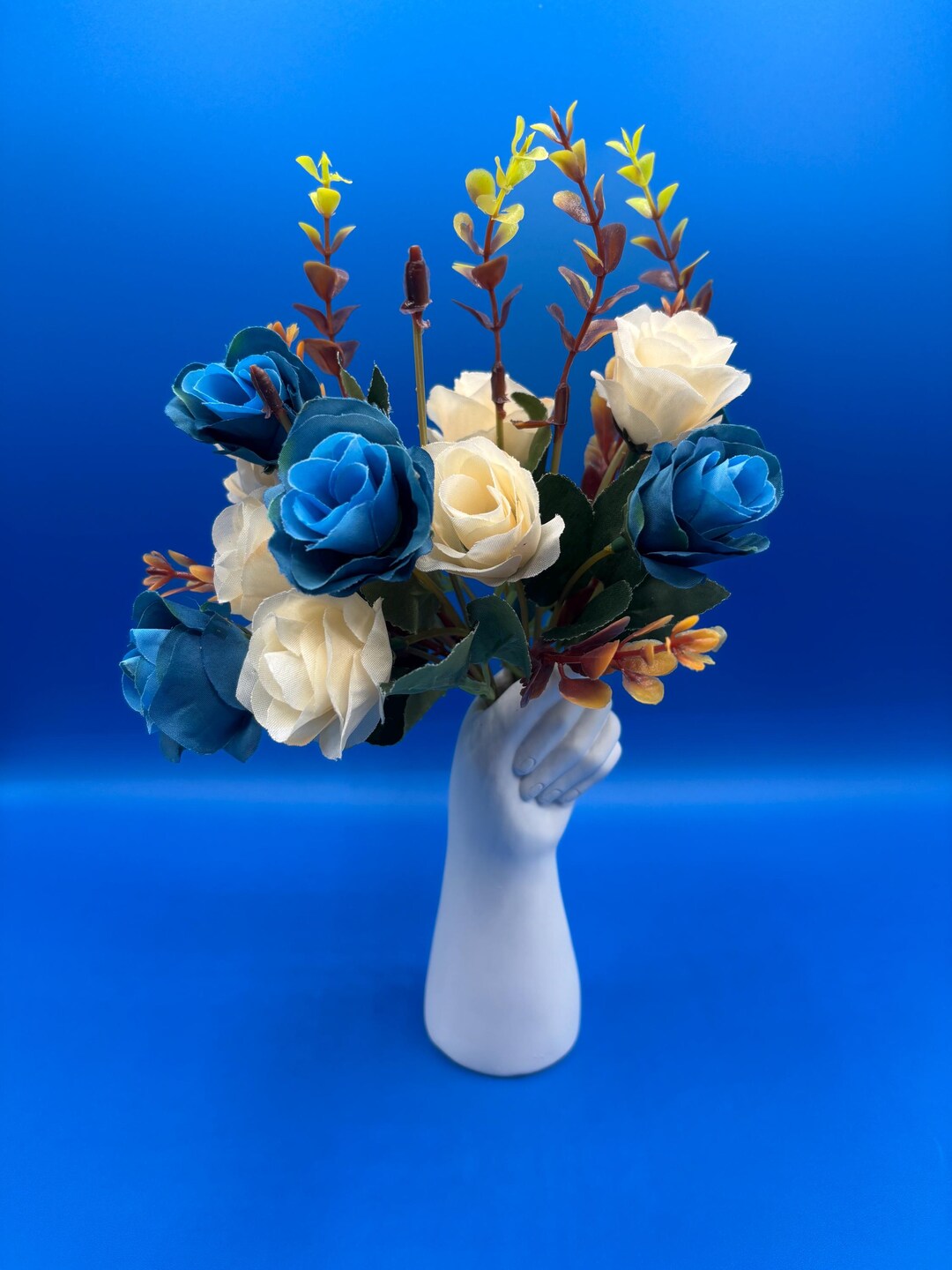 Artificial Flowers, Ceramic Vase, Blue and White Roses, Home Decor