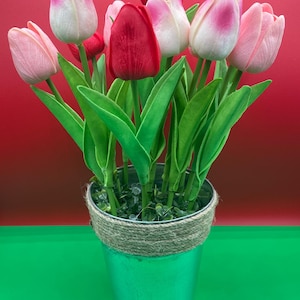 Artificial Real touch Pink and Red Tulips - Tin Can Tulip Tango