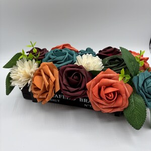 Real Touch Artificial Roses in Coffee Bean Crate, Autumn Floral Decor