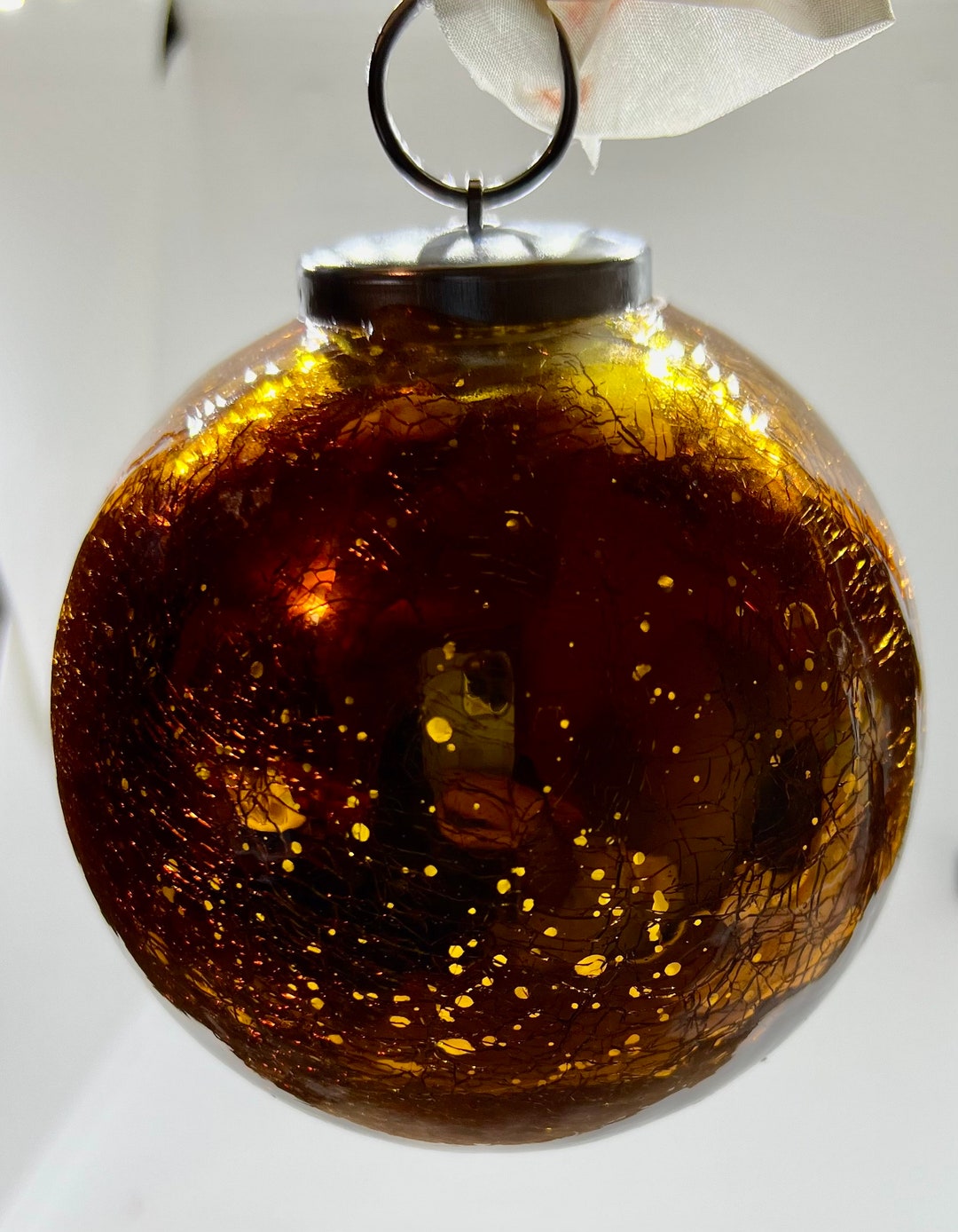 Mercury Glass Ball Ornament With Etched Gold Pattern Kugel Style Cap