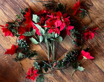 Vintage Artificial Plastic Faux Holly Berry Strand and Poinsettias