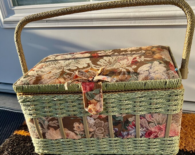 Vintage Wicker Fabric Sewing Box W/handle Floral Inside Clean Etsy