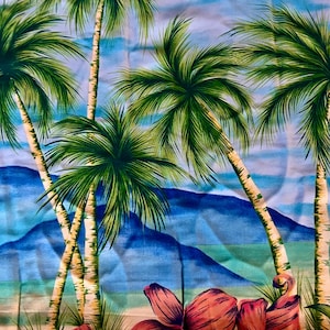 May include: A tropical-themed fabric featuring palm trees with green fronds and light brown trunks against a blue sky and ocean backdrop. Large pink and red hibiscus flowers are in the foreground, creating a vibrant, colorful design.