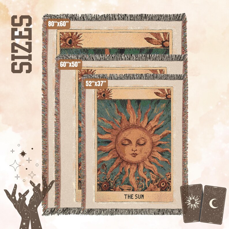 Boho woven blanket showing a tarot card in vintage style, representing "The Sun" card. Cosy throw blanket in 100% cotton, with a sunny and spiritual design in warm and natural colors. Perfect for cozy evenings at home or outdoor, available in three sizes. Must have for anyone who wants to add warm and positive decor to its home. Great gift for yourself or others.
