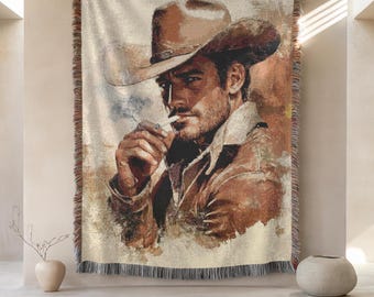 Cowboy Blanket in Vintage Style, Cottagecore Decor in beige brown, Western Rodeo Wall Art, Cotton Throw in Multiple Sizes
