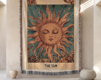 Boho Woven Blanket, Tarot Card The Sun, Mystery Tarot Card Wall Art, Cozy Throw, Picnic Blanket for Tarot Lovers, Outdoor Blanket